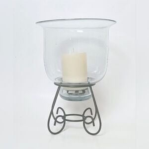 Glass Hurricane Candle Holder with Metal Scroll Stand for Pillar Candles